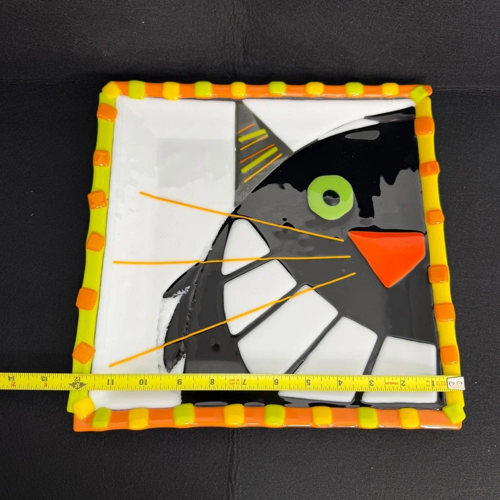 Halloween Glass Square Plate Black Cat Orange Yellow Fused Glass Party Plate
